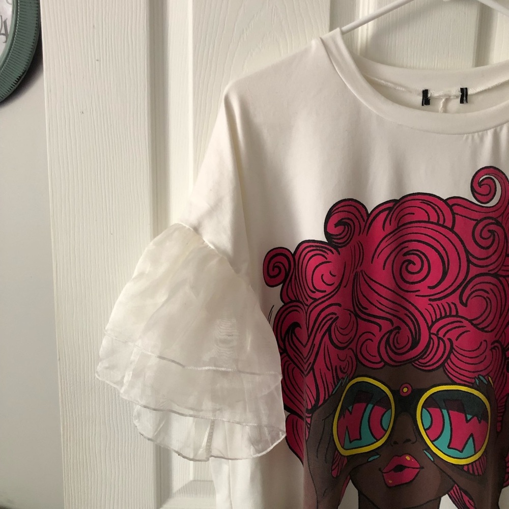 Black woman, graphic, Ruffle 1/4 sleeve tunic, beige, design, Plus size 1X
